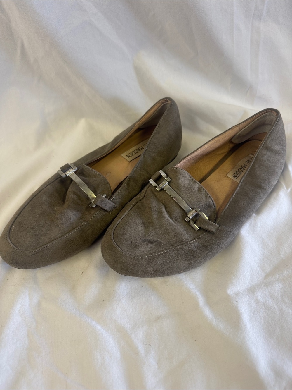 Steve Madden Taupe Suede Loafers with Silver Hardware